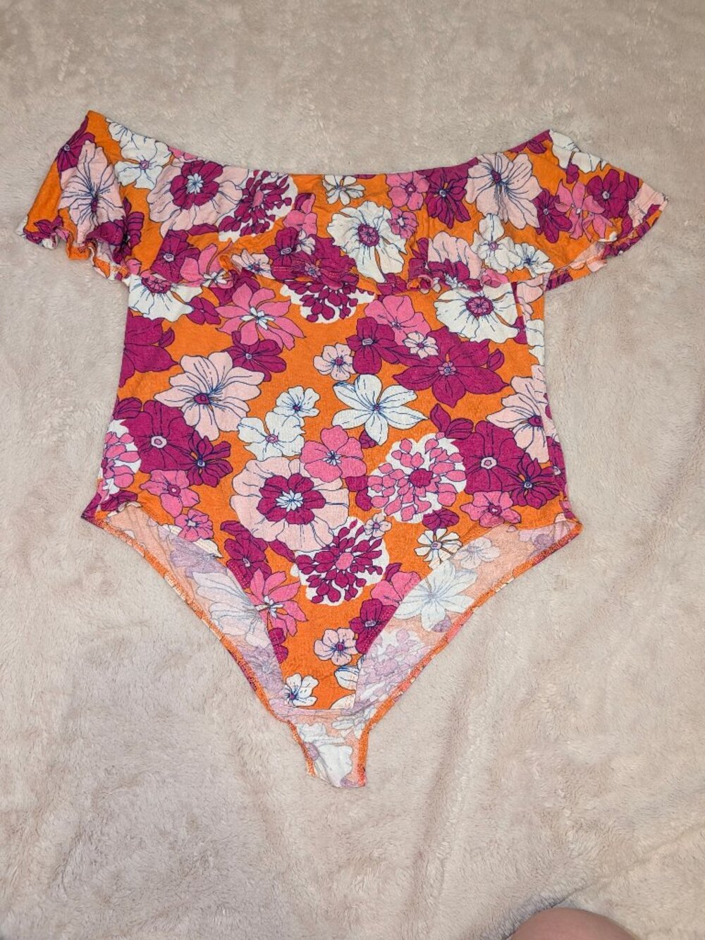 ModCloth Off the Shoulder Floral Bodysuit Orange Pink XL